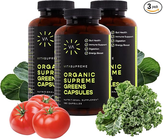 Organic Super Greens Superfood Capsule Nutritional Supplement for Gut Health Immune Support Digestion Energy and More (Non-GMO Keto Vegan) 180 Capsules 3 Pack
