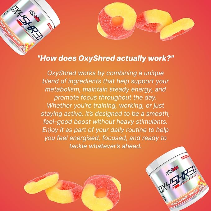 EHP Labs OxyShred Pre Workout Powder - Preworkout Powder with L Glutamine &amp Acetyl L Carnitine Energy Boost Drink - Peach Candy Rings 60 Servings