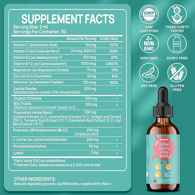 200mg Zeolite Detox for Kids &amp Adults 20-in-1 Herbal Liquid with 300mg Chlorella 200mg Milk Thistle Cilantro Vitamins &amp Probiotics Supports Speech Cleanse Immune &amp Gut Health Berry