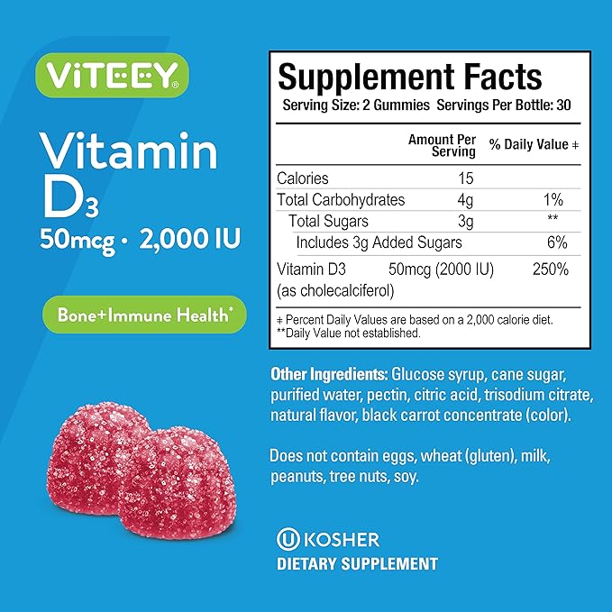 VITEEY Vitamin D3 for Adults &amp Teens - 2000 IU 50mcg Regular Strength - Joint &amp Muscle Health Immune Boost - Chewable Vitamin D Gummies - Vegetarian Gelatin Free - Tasty Berry Flavored Gu