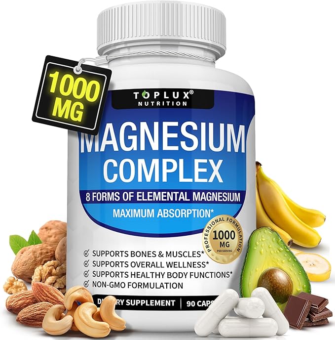 Magnesium Complex Supplement 8 Elemental 1000mg - Magnesium Glycinate Citrate Malate Taurate Chelated for Easy Absorption for Bones Muscle Recovery Energy Vegan Non-GMO 90 Capsules