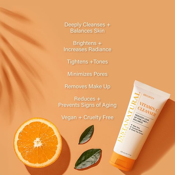 InstaNatural Vitamin C Cleanser | All Natural Face Wash Brightens Skin Good for Uneven Texture USA Made with Coconut Water and Aloe Vera 6.7 FL Oz