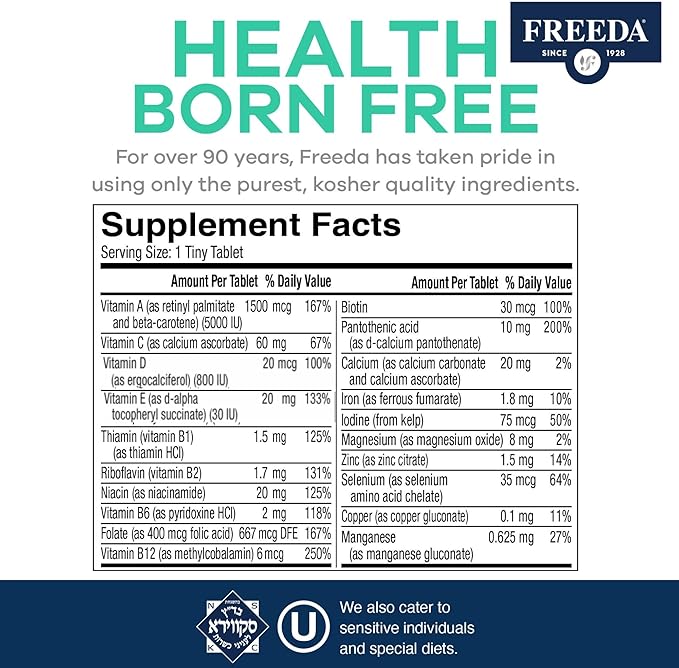 Freedavite Tiny Tablet - Moderate Multivitamin for Men and Women - Vitamin A C D E B1 B2 B6 B12 Biotin Calcium Zinc Iron Magnesium Manganese Copper Selenium Iodine - 100 Count