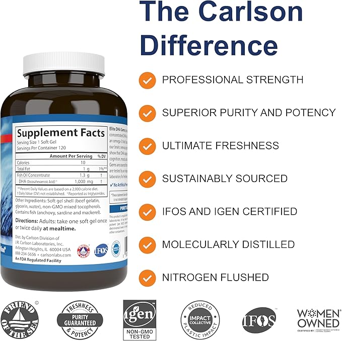 Carlson - Elite DHA Gems 1000 mg DHA Wild Caught Sustainably Sourced Brain Function &amp Healthy Vision 120 Softgels
