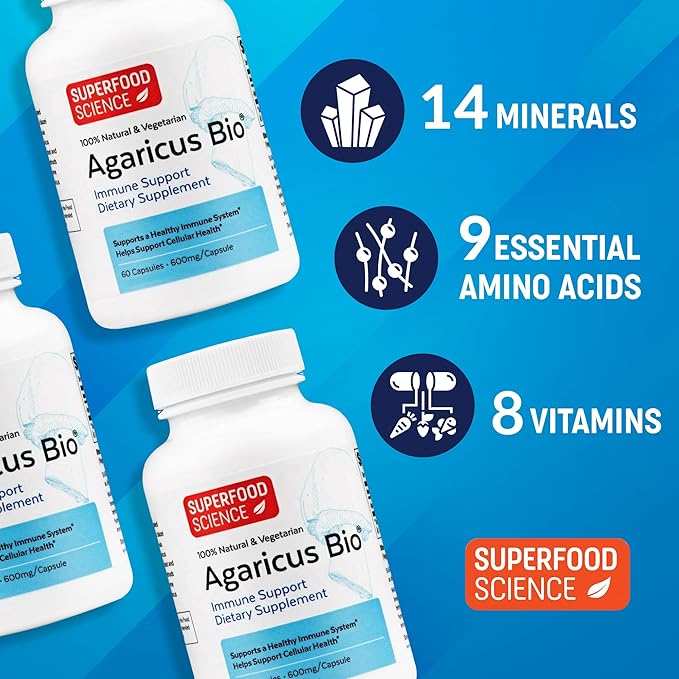 Agaricus Bio 600 mg Agaricus Mushroom for Natural Killer Cell Activity USA-Grown Organic Agaricus Blazei Murill for Immune Support Liver &amp Cellular Health High Beta Glucan Supplements 60 Caps