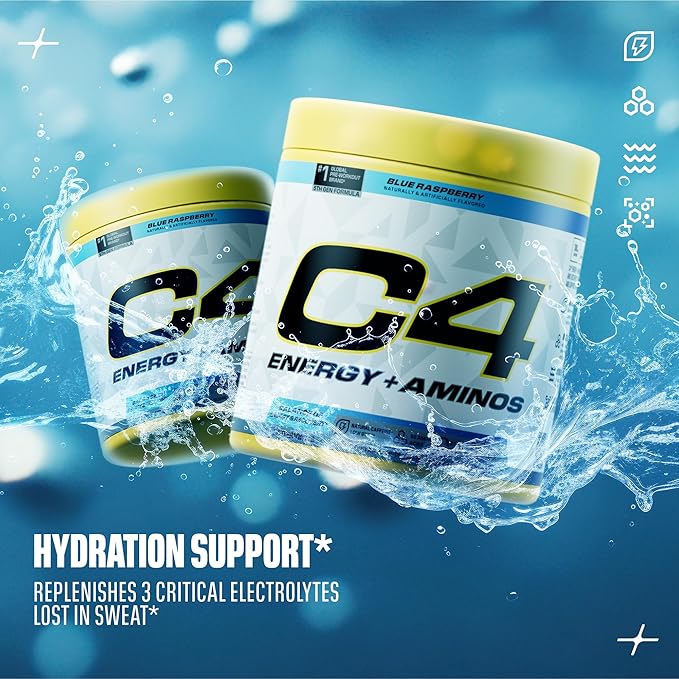 C4 Energy + Aminos Powder 5g BCAAs &amp EAAs for Muscle Recovery 3 Electrolytes for Hydration 100mg Natural Caffeine Pre Workout Zero Sugar 30 Servings Blue Raspberry