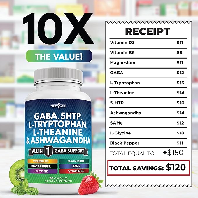 NEW AGE GABA 750mg 5 HTP 200mg L Tryptophan 500mg L Theanine 200mg Ashwagandha SAM-e L-Glycine - Vitamins for Women and Men with 5-HTP (5-Hydroxytryptophan) - 270 Count