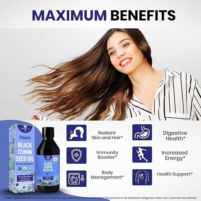 Organic Black Cumin Seed Oil-USDA-Cold Pressed –up to 6X Stronger Thymoquinone - Pure Nigella Sativa Cumin Seeds -Premium Supplement for Immune Support Skin &amp Hair (8.5 fl oz)