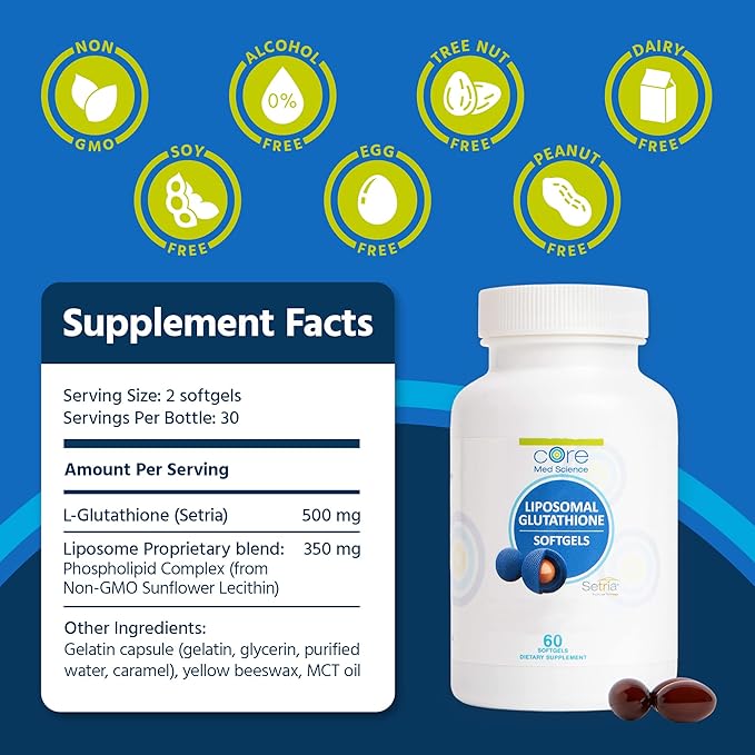 Core Med Science Liposomal Glutathione Supplement - (500mg 60 Softgels) - High-Absorption Glutathione for Antioxidant &amp Liver Detox Support with Pure Reduced Setria - Daily Use for Immune Functio