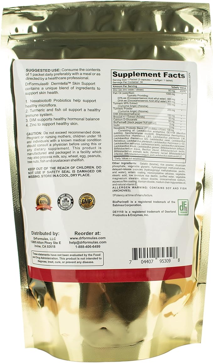 DrFormulas Dermtella Clear Skin Support Packs | Pills with Zinc Probiotics &amp DIM | Supplements for Women Teens &amp Men with Nexabiotic Probiotics Turmeric Fish Oil 1 Month Supply