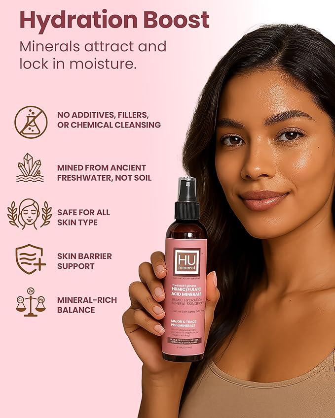 2X Humic Hydration Mineral Spray – Organic Humic Acid Fulvic Acid Spray with Major &amp Trace Minerals Electrolytes &amp Silica to Boost Collagen - Plant-Based for Skin Hair &amp Body Hydration
