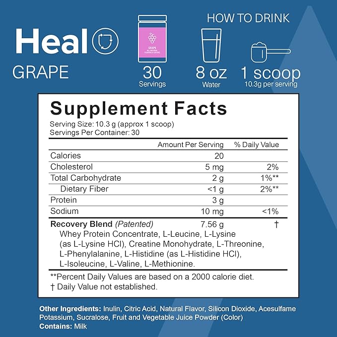 The Amino CO. - Heal - Post Workout Recovery Drink with Pure Eaa Amino Acid Formula - Creatine Monohydrate Powder for Efficient Muscle Repair Vegan and Keto-Friendly with Grape Flavor - 10.89oz.