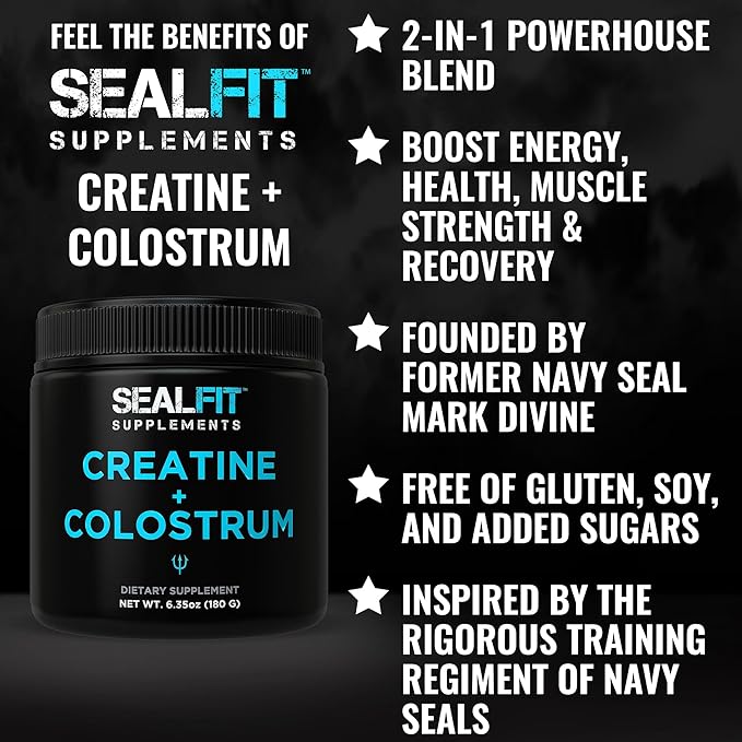 SEALFIT Creatine and Colostrum Powder - 5g Creatine Monohydrate + 1000mg Grass-Fed Bovine Colostrum per Scoop - Muscle Strength Recovery &amp Immune Support 30 Servings (6.35 oz)