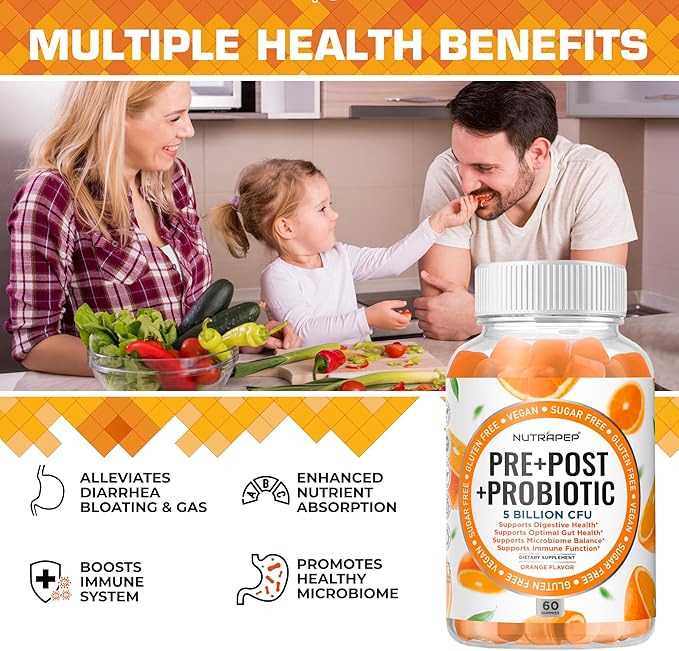 Prebiotic Probiotic &amp Postbiotic Gummies for Women Men &amp Kids Children - High Potency 5 Billion CFU - Sugar-Free &amp Gluten Free
