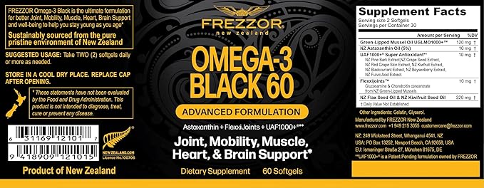 FREZZOR Omega 3 Black Green Lipped Mussel Oil 53x Higher Potency for Superior Joint Comfort &amp Mobility No Fishy Aftertaste 1 Bottle 60 Softgels Plus 1 Pouch of Flaky Sea Salt