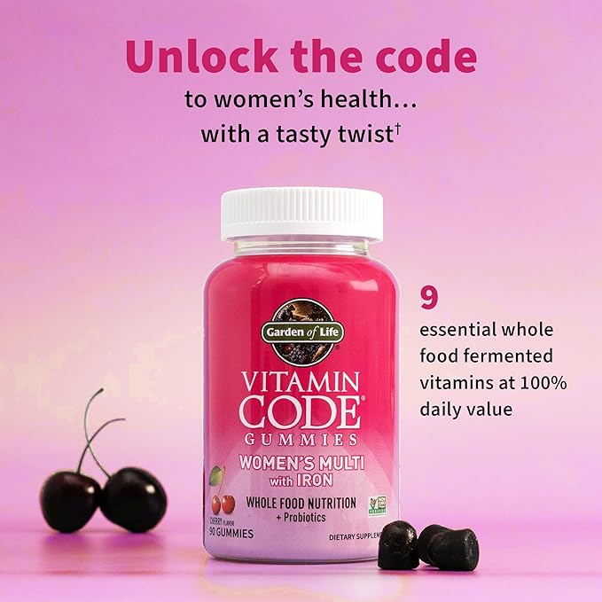 Garden of Life Vitamin Code Women’s Multivitamin Gummy with Iron: Folate Biotin D3 &amp B12 for Hair SkinNails Probiotics for Immune Health Non-GMO Gluten-Free 90 Cherry Gummies (Pack of 2)