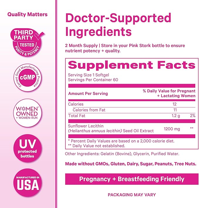 Pink Stork Sunflower Lecithin Supplement - 1200 mg for Clogged Milk Ducts - Breastfeeding Essentials for Postpartum Moms - Supports Breast Milk Flow - 60 Softgels