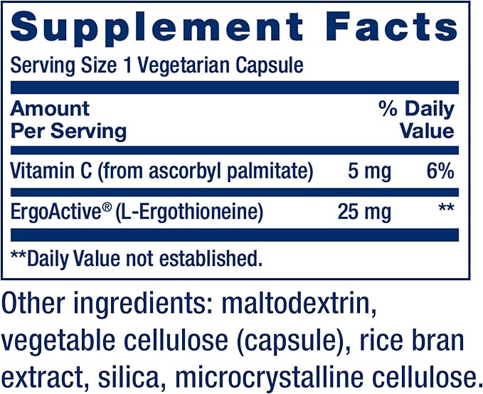 Life Extension Mega L-Ergothioneine Healthy Aging Amino Acid antioxidant Powerful 25 mg dose L-ergothioneine Gluten-Free Non-GMO Vegetarian 30 Capsules