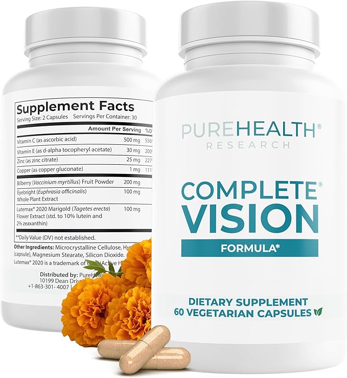 PUREHEALTH RESEARCH Complete Vision Formula - Eye Vitamins &amp Mineral Supplement - Lutein and Zeaxanthin Supplements for Men &amp Women - with Eyebright Herb Zinc Copper Bilberry &amp More - 6