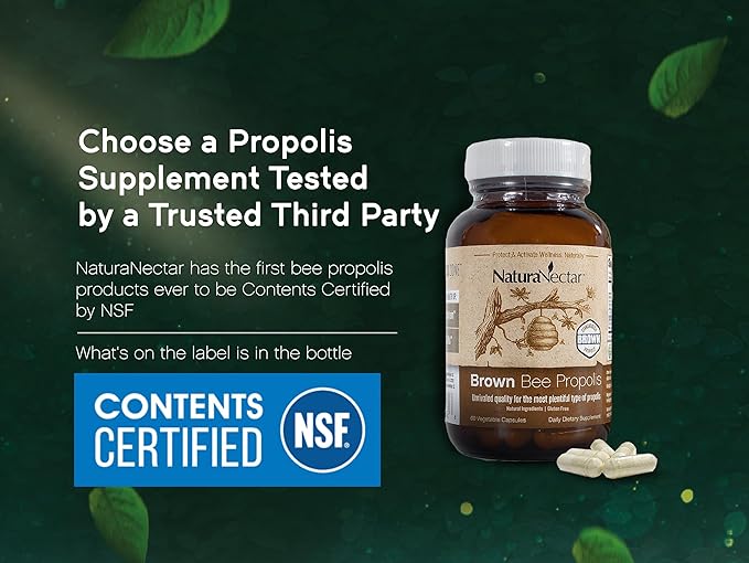 NaturaNectar - Brown Bee Propolis - NSF Contents Certified - Premium Brazilian Propolis - Gluten-Free Supplement with Flavonoids FLAV-B and PWE - Naturally Sourced Through Ethical Beekeeping (60pcs.)