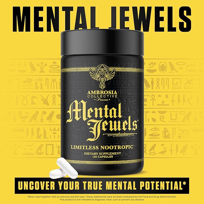 Ambrosia Mental Jewels (Capsules) - Cognitive Enhancer | Increase Memory Communication Skills Concentration &amp Focus | Alpha GPC Choline BaCognize | 120 Veggie Capsules (30 Day Supply)