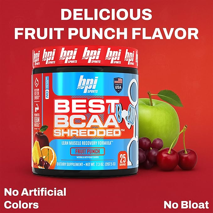 BPI Sports Best BCAA Shredded - Caffeine Free Thermogenic Recovery Drink Lean Muscle Building BCAA Powder for Women and Men Preworkout BCAAs Amino Acids Drink- Fruit Punch - 25 Servings