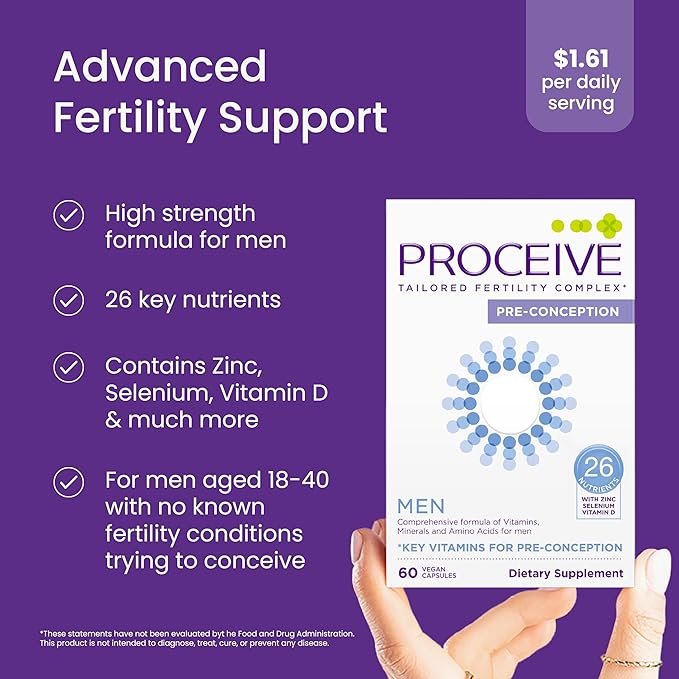 Proceive Tailored Fertility Supplement for Men Pre Conception Vitamins Minerals and Amino Acids With Vitamin D Zinc Folate Selenium and COQ10 Men's Pre Pregnancy Multivitamin 60 Vegan Capsules