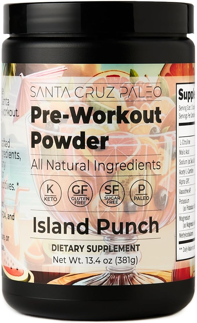 Santa Cruz Paleo Pre Workout Powder Electrolytes Magnesium Potassium Sea Salt &amp L Citrulline Caffeine &amp Sugar Free Preworkout Drink Mix for Energy &amp Hydration Island Punch Flavor 30