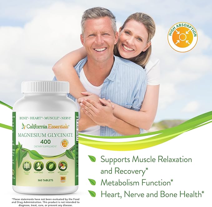 California Essentials Magnesium Glycinate 400 - Chelated High Absorption Elemental Magnesium for Muscle Relief Bone &amp Heart Support -Vegan Non-GMO Gluten-Free (360 Counts (Pack of 1))
