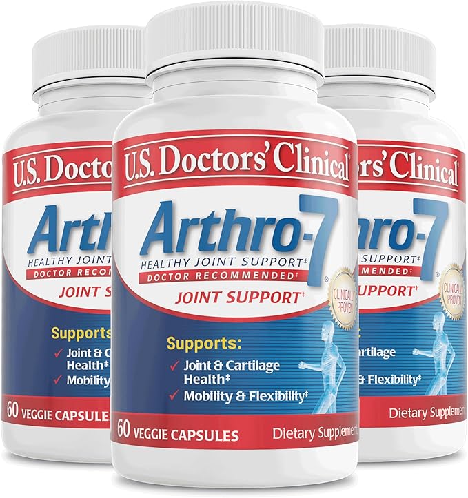 U.S. Doctors’ Clinical Arthro-7 - Clinically Proven Joint Support Complex with Turmeric Collagen Bromelain for Flexibility Mobility &amp Strong Cartilage - 180 Capsules(3 Bottles) - 45/90-Day Sup