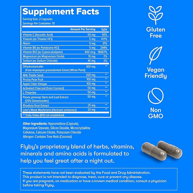 Flyby Recovery Supplement - All The Hang Without The Over!™ - with DHM Milk Thistle Vitamin C Activated Charcoal and Apple Cider Vinegar - Pre &amp Post Drinking Formula (240 Count)