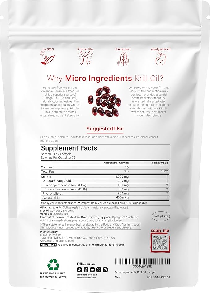Micro Ingredients Antarctic Krill Oil Supplement with Natural Astaxanthin 1000mg Per Serving 150 Soft-Gels Rich in Omega-3s EPA &amp DHA Supports Immune System &amp Brain Health Easy to Swallow
