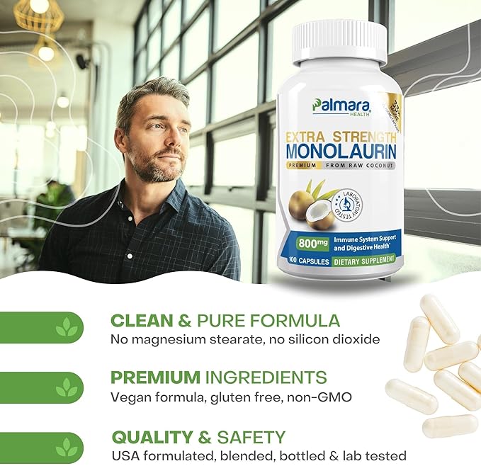 Palmara Health Extra Strength Monolaurin 1600mg per Serving 800mg per Capsule