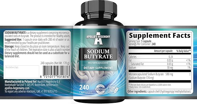 Sodium Butyrate High Dose 580 mg (30% Butyric Acid) 240 Vegan Capsules 8 Month Supply Sodium Supplement to Support Overal Gut Health - by Apollo's Hegemony
