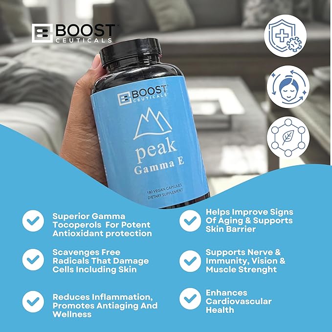 BoostCeuticals Gamma E 90mg Mixed Tocopherols - Inflammation Support Heart Health Nitrogen Free Radical Protection Prostate Health Omega 3 Synergy Non-GMO 180 Vegan Capsules