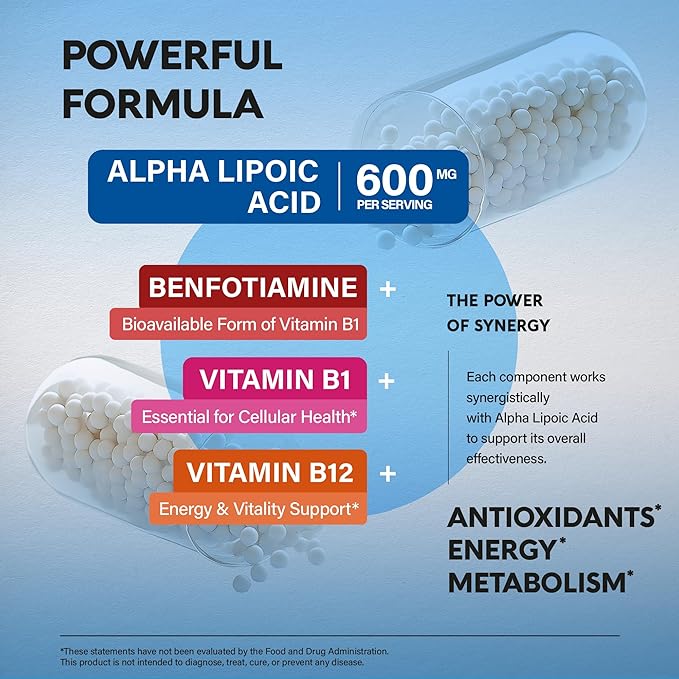 Alpha Lipoic Acid 600mg - ALA Supplement Antioxidant for Nerve Energy &amp Metabolism Support - Extra Strength with Benfotiamine B1 &amp B12 - Lab Tested NON-GMO &amp Vegan - 180 Capsules 3 Mon
