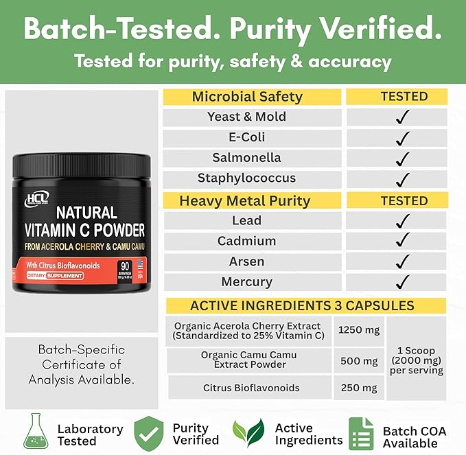 Natural Vitamin C from Acerola Cherry &amp Camu Camu Powder - High Absorption with Citrus Bioflavonoids - Immune System &amp Collagen Booster - Anti Aging Skin Vitamins Made in USA 90 servings