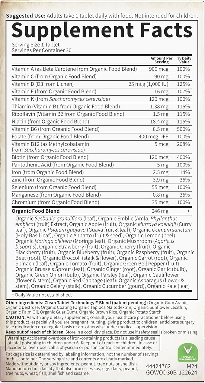 Garden of Life Organics Multivitamin for Women - Women's Once Daily Multi - Whole Food Multi with Iron Biotin Vegan Organic Womens Multivitamin for Health Energy Hair Skin and Nails 30 Tablets