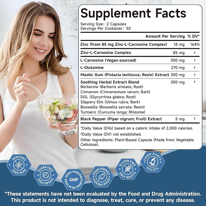 Zinc L Carnosine Complex 85mg 11-in-1 Digestive &amp Gut Health Support Supplement with Soothing Herbal Extract Blend L-Glutamine &amp Mastic Gum 100 Capsules Non-GMO Vegan