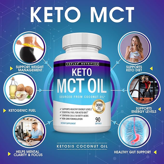 Toplux Keto MCT Oil Capsules - 3000mg Natural Pure Coconut Oil Extract Pills Source of Energy Easy to Digest for Men Women 90 Softgels Supplement