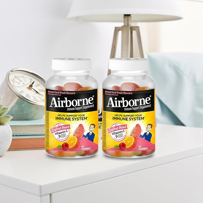 Airborne 750mg Vitamin C Gummies for Adults Immune Support Gummies with Powerful Antioxidants VIT C &amp E Caffeine Free - 2x63ct Bottle (42 Servings) Assorted Fruit Flavor
