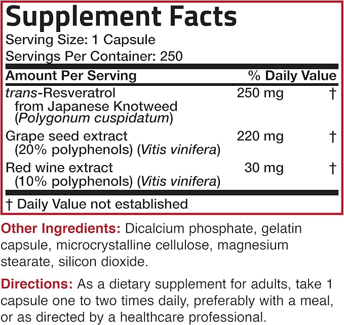 Bronson Resveratrol 500 Complex Standardized Trans-Resveratrol + Grape Seed &amp Red Wine Extract 250 Capsules