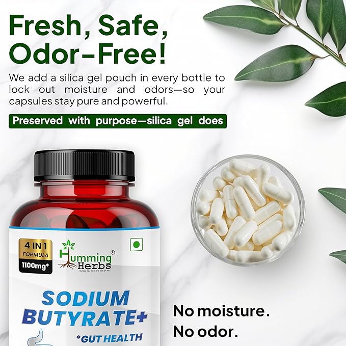 Humming Herbs Sodium Butyrate+ Capsules – 4-in-1 Digestive Support with L-Glutamine + Prebiotic Inulin + Probiotic Blend (10 Billion CFU) – 120 Vegetarian Capsules
