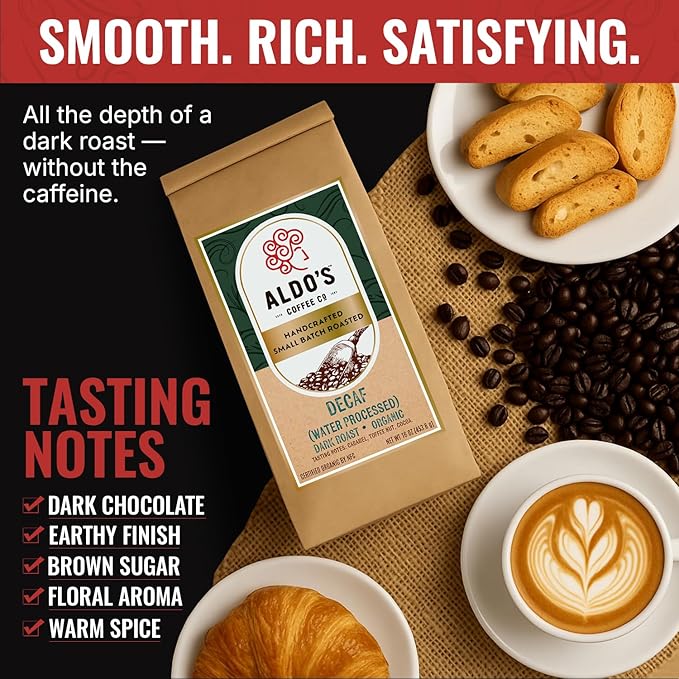 Aldo’s Coffee Co. Organic Water Process Decaf Coffee Dark Roast 100% Arabica from East Timor 16 oz (Medium Grind)