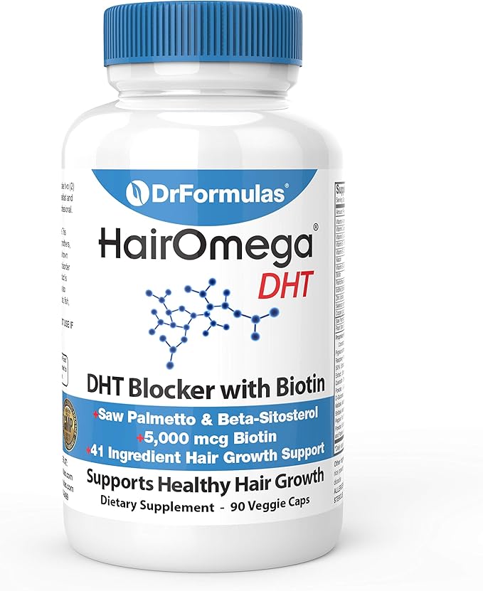 DrFormulas DHT Blocker for Men and Women | HairOmega Advanced Hair Growth Supplements with Biotin 5000 mcg | Hair Loss Vitamins Pills 45 Day Supply