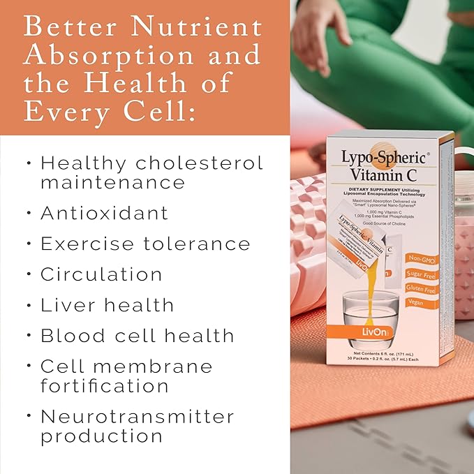 LivOn Laboratories Lypo–Spheric Vitamin C 1000 mg Vitamin C &amp 1000 mg Essential Phospholipids Per Packet Liposome Encapsulated for Improved Absorption 100% Non–GMO 1 Carton 0.2 Fl Oz (Pack of