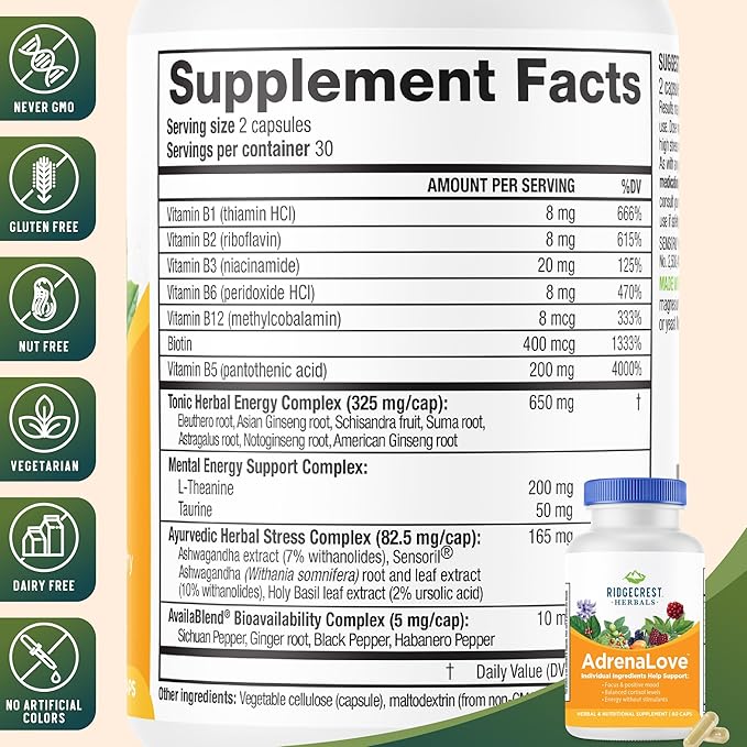 Ridgecrest Herbals AdrenaLove Stress and Energy Support Supplement (60 Vegan Caps 30 Serv)