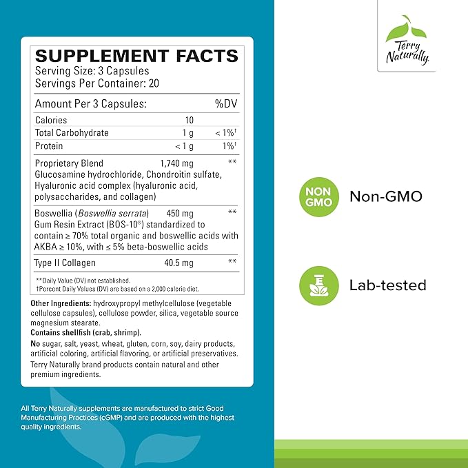 Terry Naturally Be Mobile - Collagen Supplement for Joint Health Support - Dietary Supplement with Boswellia Extract &amp Type II Collagen - Lower Back &amp Knee Support - 60 Capsules