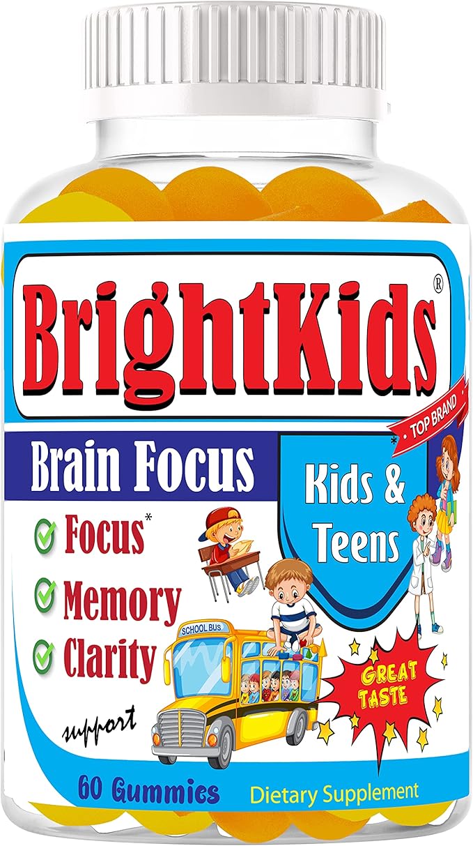 BrightKids Focus Gummies for Kids &amp Teens – Brain Gummies for Memory and Focus Omega 3 DHA Brain Vitamins for Kids Attention &amp Learning Support Supplement Drug-Free Made in USA 60 Count