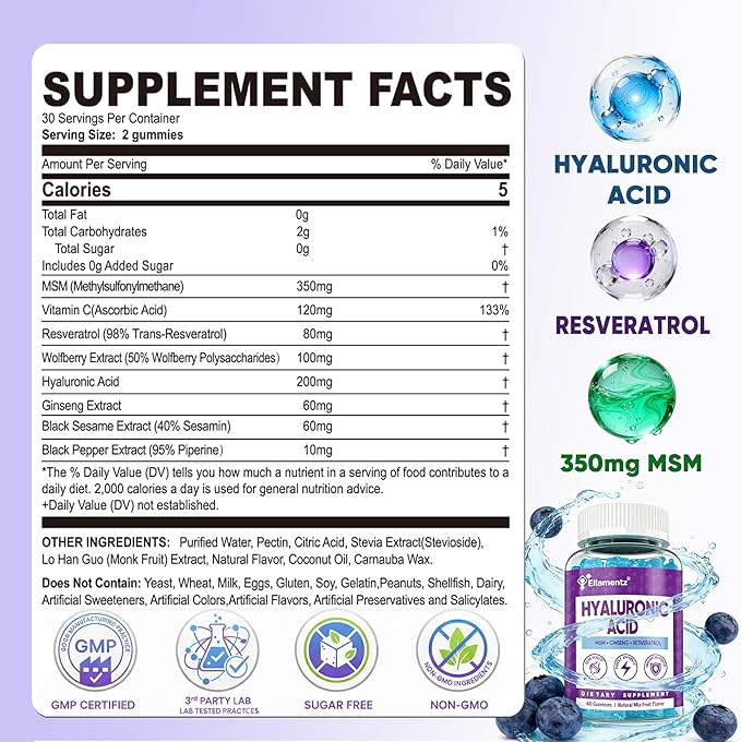 7-in-1 Sugar Free Hyaluronic Acid Supplements with MSM Resveratrol Ginseng Vitamin C Gummies for Skin Health &amp Deep Hydration 120 Counts